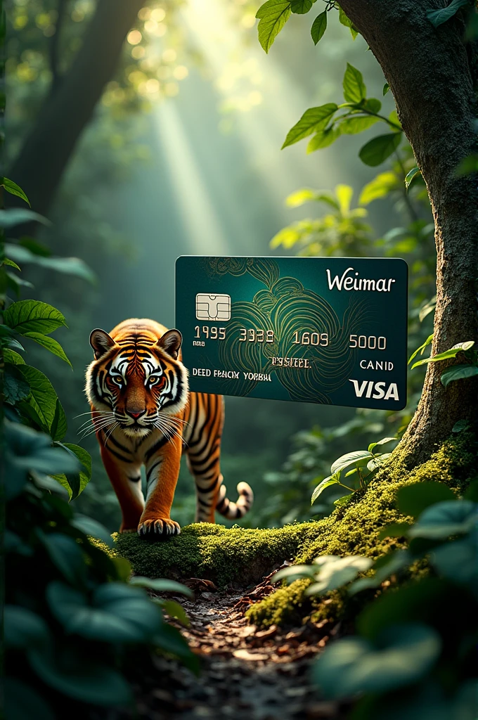 Credit card bank name awareness credit name of the person on the card or weimar card background with Tigers and jungle