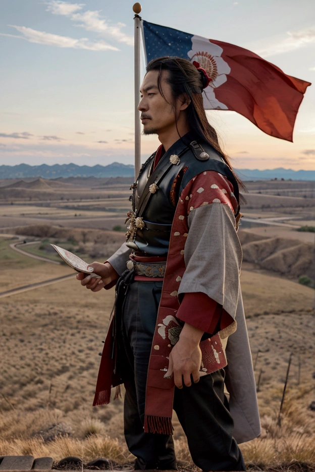 "Oda Nobunaga standing triumphantly on a high hill overlooking the American West, holding a map of the United States showing his unified territories. He is dressed in a blend of samurai and cowboy attire, holding a flag that combines Japanese and American symbols. In the background, there are railroads, bustling cities, and expansive plains."