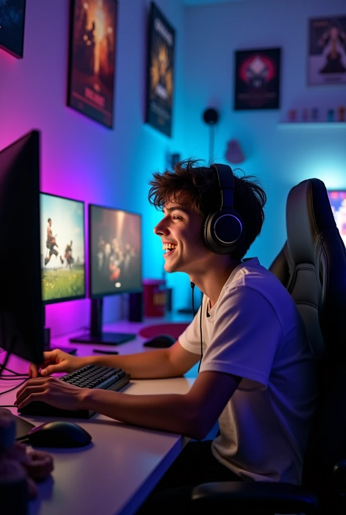 17 years young man gamer front of computer gaming room and smile face