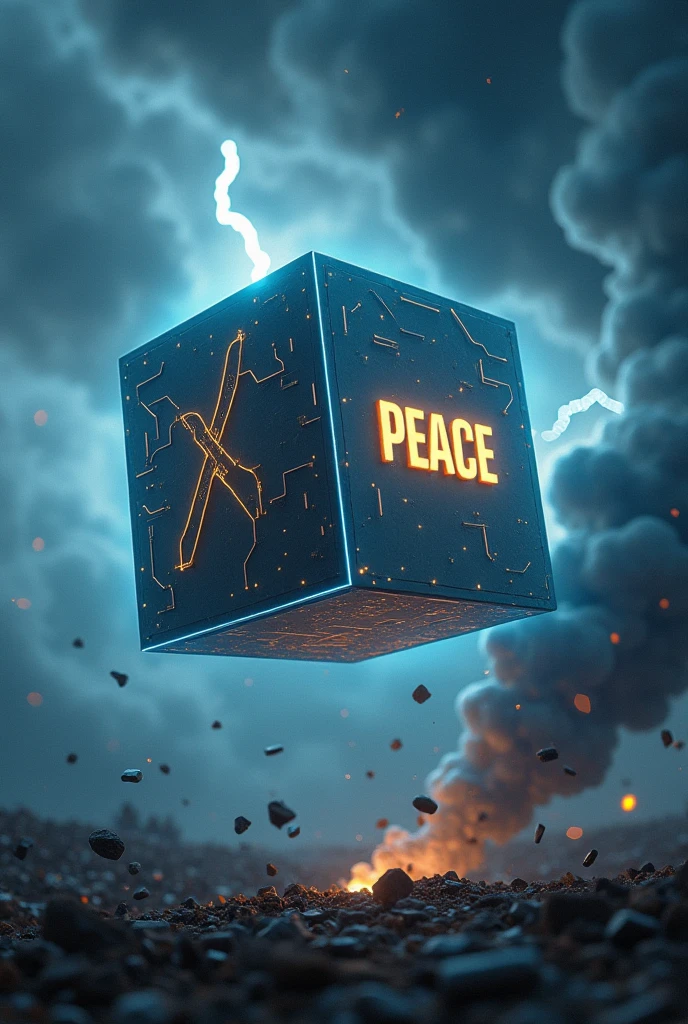 A futuristic cube hovering in mid-air, emitting a soft, blue light. The cube features sleek, metallic surfaces with glowing, intricate circuitry. The word 'PEACE' is prominently displayed in the center of one face, glowing with a warm, golden hue. The background is chaotic—dark storm clouds, lightning strikes, and swirling debris create an intense atmosphere, highlighting the cube as a symbol of calm and hope in the midst of turmoil.