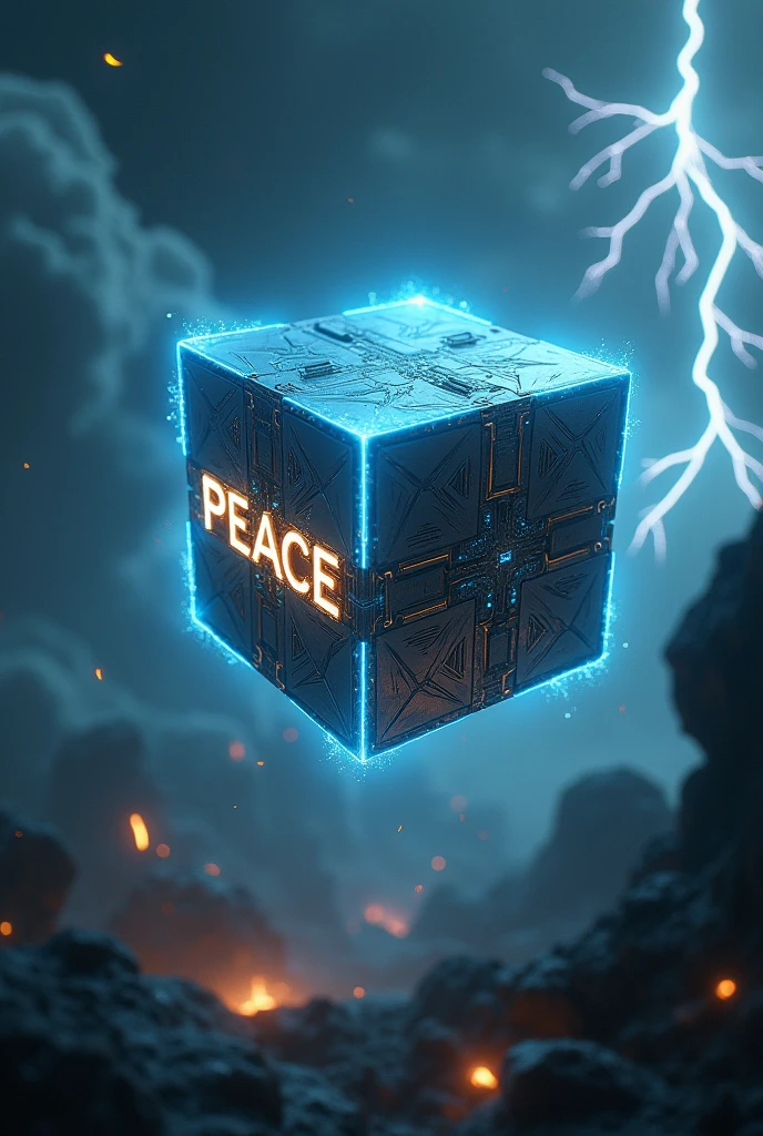 A futuristic cube hovering in mid-air, emitting a soft, blue light. The cube features sleek, metallic surfaces with glowing, intricate circuitry. The word 'PEACE' is prominently displayed in the center of one face, glowing with a warm, golden hue. The background is chaotic—dark storm clouds, lightning strikes, and swirling debris create an intense atmosphere, highlighting the cube as a symbol of calm and hope in the midst of turmoil. 