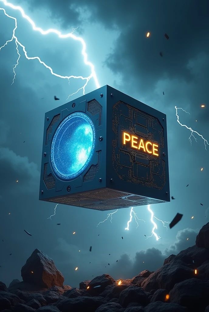 A futuristic cube hovering in mid-air, emitting a soft, blue light. The cube features sleek, metallic surfaces with glowing, intricate circuitry. The word 'PEACE' is prominently displayed in the center of one face, glowing with a warm, golden hue. The background is chaotic—dark storm clouds, lightning strikes, and swirling debris create an intense atmosphere, highlighting the cube as a symbol of calm and hope in the midst of turmoil. 