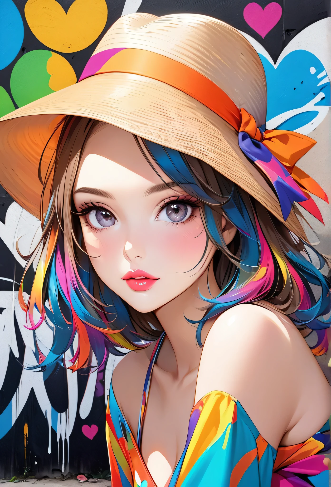 Ultra-realism Micho colorful style, Simple Line Initialism,Abstract art,(((The most beautiful girl of all time))), Sweet face. Lips in love, colorful hearts, stylish design, Summer beach fashion, Dark Eyes, Graffiti on the wall