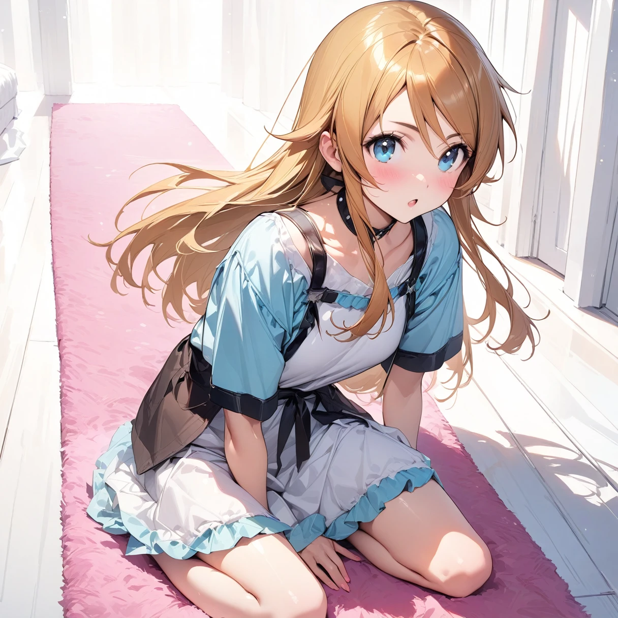 (masterpiece),(Highest quality),(Very detailed),(Best illustrations),(Best Shadow),(Kirino Takasaka),(so beautiful),,(White background),(White Room),(Pink carpet),kirino kousaka,My Little Sister Can't Be This Cute,Blonde,Long Hair,Hair Clip,Green Eyes,bangs,頭から足までwhole body,smile,whole body,solo,White detailed panties,White Detailed Bra,Expose,tits,Wet,Tilt the camera,Landscape,One person,Crouching posture,Schoolgirl uniform,Short skirt,sitting,