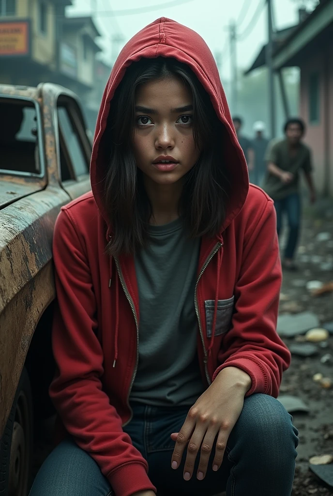 

"A movie poster for 'Zombie Apocalypse: The End of the World,' featuring a 20-year-old woman in a red hoodie and a gray T-shirt with a pocket, hiding beside a car with a terrified expression as zombies walk past. The setting is Bangkok, with dead bodies scattered on the streets."