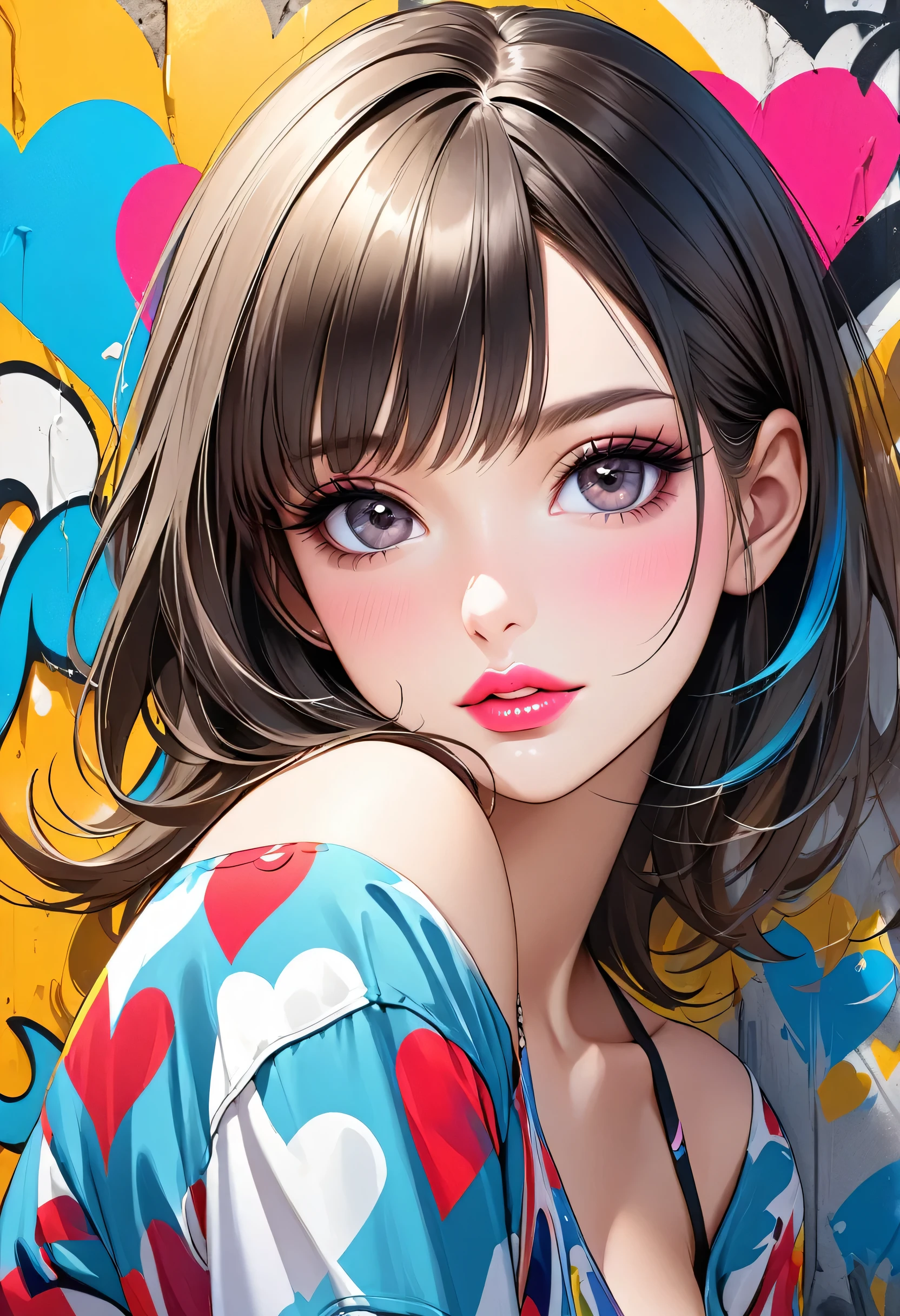 Ultra-realism Micho colorful style, Simple Line Initialism，Abstract art，(((The most beautiful girl of all time))), Sweet face. Lips in love, colorful hearts, stylish design, Summer beach fashion, Dark Eyes, Graffiti on the wall