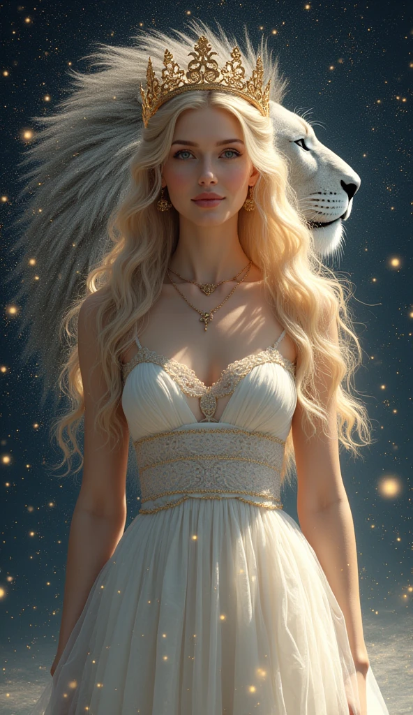 Beautiful blonde woman,Space Background,Leo,goddess,Holy white dress,A lion made of stars behind him,Surrounded by stars,crown,Queen