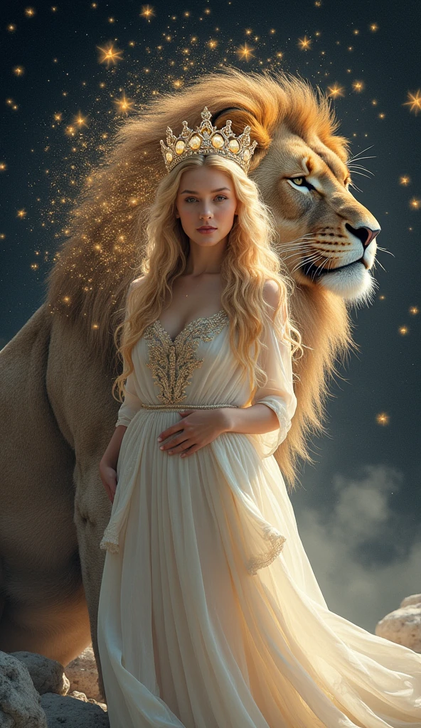 Beautiful blonde woman，Space Background，Leo，goddess，Holy white dress，A lion made of stars behind him，Surrounded by stars，crown，Queen