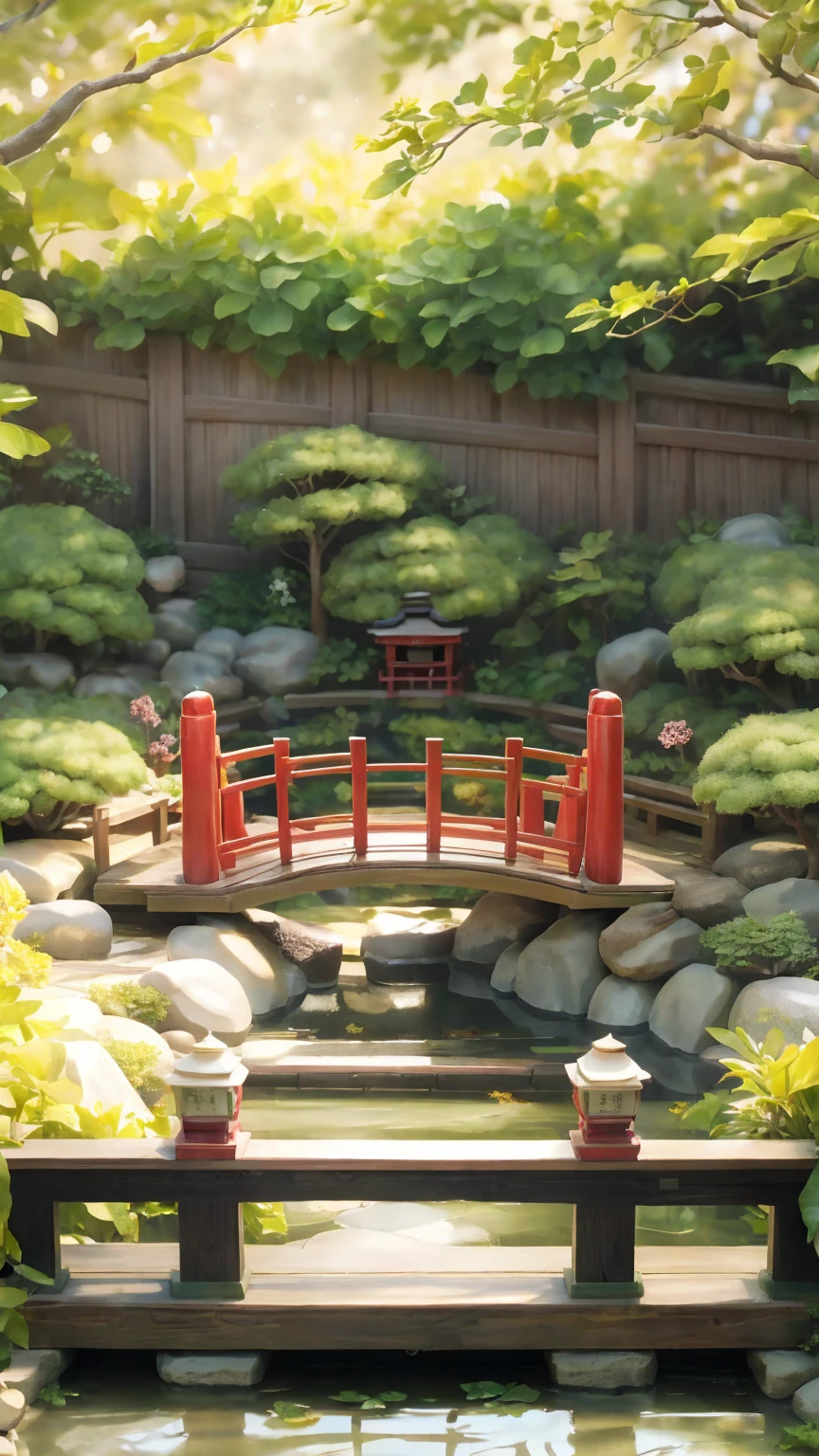 "A realistic depiction of Zundamon, an adorable and cheerful character with green hair resembling soybean leaves. The character has big, bright eyes, a small mouth, and a friendly smile. Zundamon is wearing a traditional Japanese outfit with green and white patterns, standing in a serene Japanese garden with vibrant greenery and soft sunlight filtering through the trees. The background includes traditional elements like a wooden bridge and koi pond, with the overall atmosphere being peaceful and inviting. Photorealistic, high detail, with soft lighting and natural shadows."