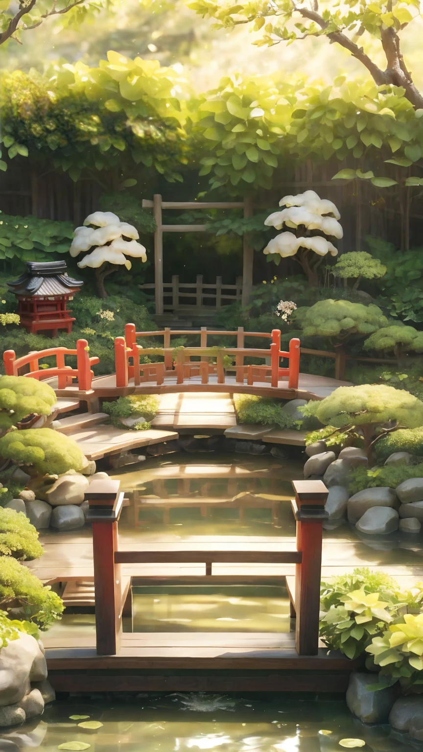 "A realistic depiction of Zundamon, an adorable and cheerful character with green hair resembling soybean leaves. The character has big, bright eyes, a small mouth, and a friendly smile. Zundamon is wearing a traditional Japanese outfit with green and white patterns, standing in a serene Japanese garden with vibrant greenery and soft sunlight filtering through the trees. The background includes traditional elements like a wooden bridge and koi pond, with the overall atmosphere being peaceful and inviting. Photorealistic, high detail, with soft lighting and natural shadows."