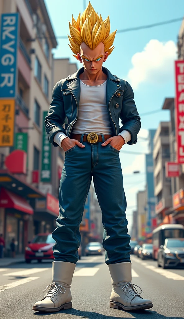 Vegeta, Dragon Ball Z, wearing a modern outfit, looking proud, 8k quality, very detailed, awesome pose, streets background, realistic