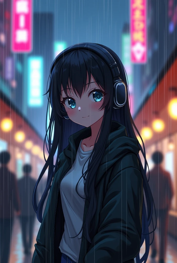 Anime girl in rain with headphones long black hair brown girl curvy