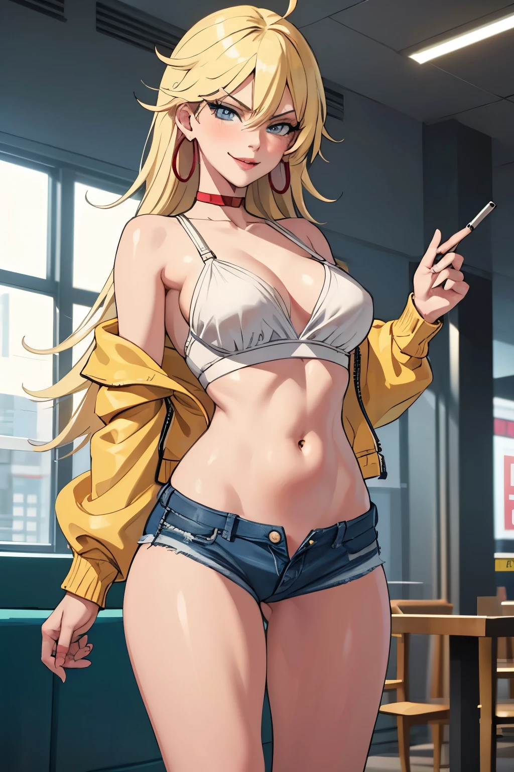 psgpanty, , hoop earrings, choker, blue eyes, blush, lipstick, long hair, Hot girl, baddie, staring, glaring, bad attitude, mean girl, crazy, smoking, mall, shopping center,indoors, smile, masterpiece,high quality,4k, bare shoulder,belly,crop top,holding pistol,cleavage,casual dress, smile, , evil expression, exposed belly, exposed navel, exposed midriff, exposed lower belly, crop top overhang, underboob,jacket, unbuttoned jeans , low rise black jeans, Low rise jeans, Low rise jeans with open fly, navel piercing