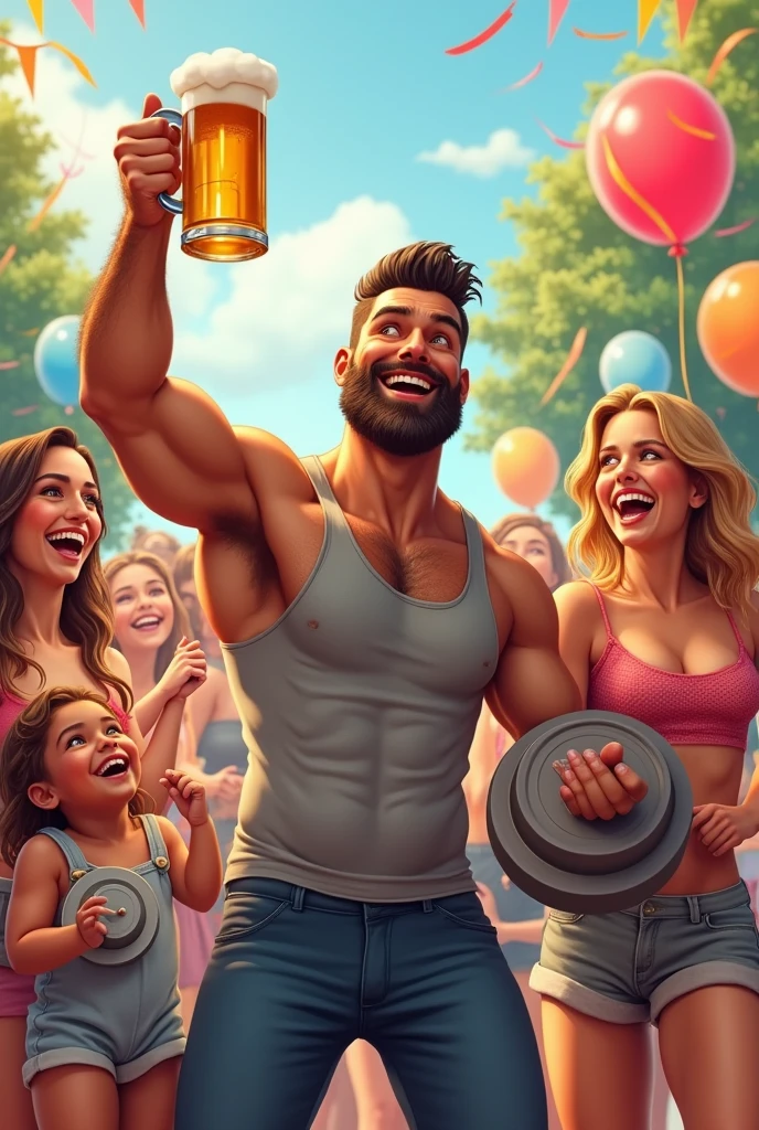 un sticker d'un homme barbu cheveux en arrière qui boit de la bière, tient une haltère et est entouré de femmes et de bébés en bas âge 