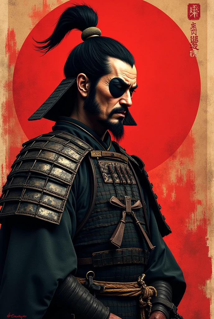 Japanese Sengoku warlord Date Masamune - wearing an eyepatch on his left eye、長いblack髪の武士 ・豪華なMoneyの装飾が施された甲冑 ・二刀流の刀を構えている ・背景に日本風の筆で描かれた模様 ・風になびくマントや髪 ・力強く、Hall々A strong posture and a powerful presence々Cool look and style: Powerful and majestic Japanese art - Color: black、Money、High contrast and detailed depiction with a red base、Realistic texture