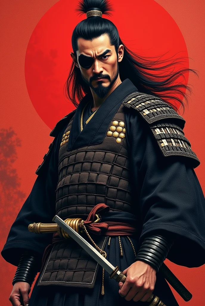 Japanese Sengoku warlord Date Masamune - wearing an eyepatch on his left eye、長いblack髪の武士 ・豪華なMoneyの装飾が施された甲冑 ・二刀流の刀を構えている ・背景に日本風の筆で描かれた模様 ・風になびくマントや髪 ・力強く、Hall々A strong posture and a powerful presence々Cool look and style: Powerful and majestic Japanese art - Color: black、Money、High contrast and detailed depiction with a red base、Realistic texture