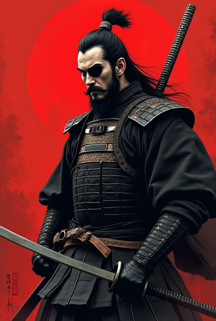 Japanese Sengoku warlord Date Masamune - wearing an eyepatch on his left eye、長いblack髪の武士 ・豪華なMoneyの装飾が施された甲冑 ・二刀流の刀を構えている ・背景に日本風の筆で描かれた模様 ・風になびくマントや髪 ・力強く、Hall々A strong posture and a powerful presence々Cool look and style: Powerful and majestic Japanese art - Color: black、Money、High contrast and detailed depiction with a red base、Realistic texture