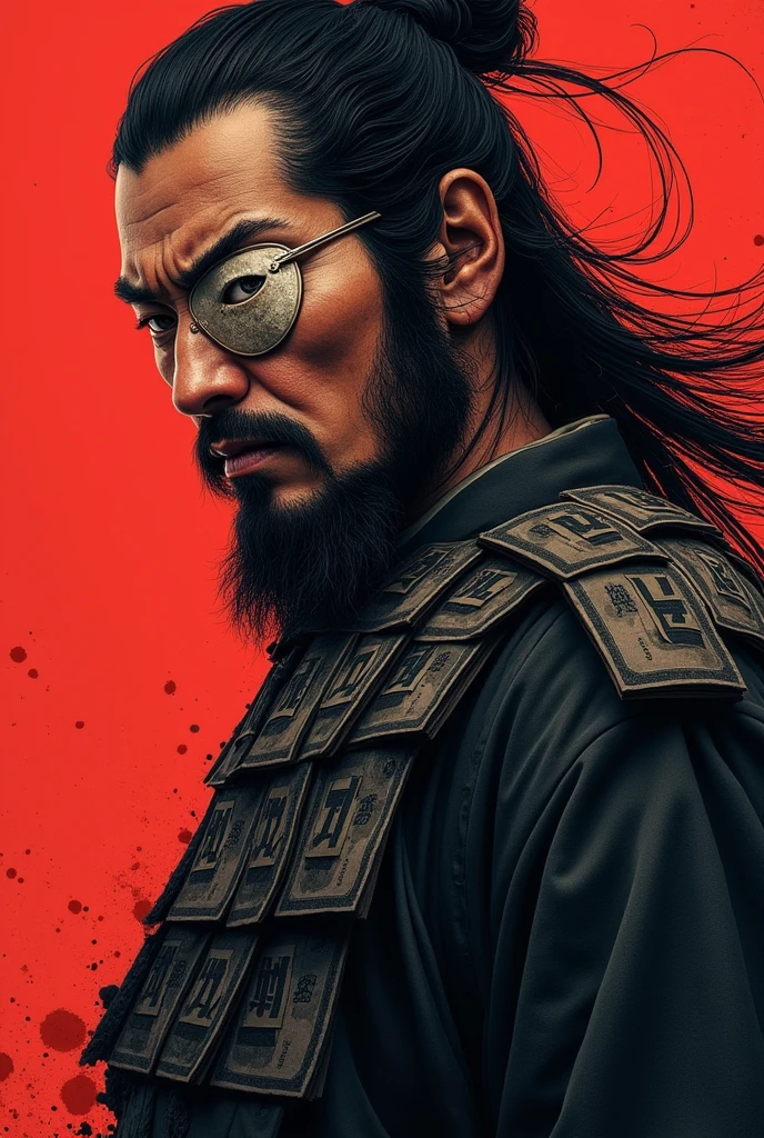 Japanese Sengoku warlord Date Masamune - wearing an eyepatch on his left eye、長いblack髪の武士 ・豪華なMoneyの装飾が施された甲冑 ・二刀流の刀を構えている ・背景に日本風の筆で描かれた模様 ・風になびくマントや髪 ・力強く、Hall々A strong posture and a powerful presence々Cool look and style: Powerful and majestic Japanese art - Color: black、Money、High contrast and detailed depiction with a red base、Realistic texture