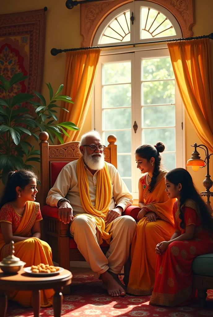 An elder member of a family like a grandfather is sitting on a chair and this is the atmosphere of India, his whole family is around him.The boys are sitting happily and the girls are sad