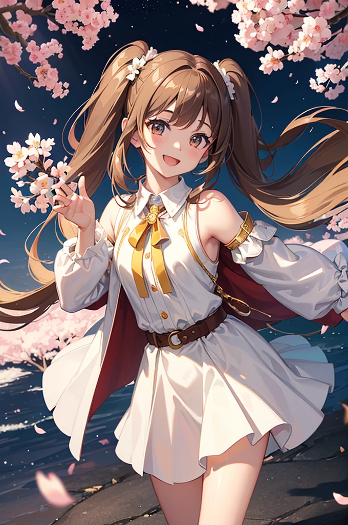 (16K,Ultra-high resolution,Highest quality,masterpiece,Super detailed,Perfect lighting),Future Nostalgia,Anna,Brown Hair,Shoulder-length twin tails,Straight hair that reaches to the waist,White shirt,Beige mini skirt,Black coat,Cherry blossom trees,spring evening,full moon,Brown short boots,Superpowers,Smiling at the audience,