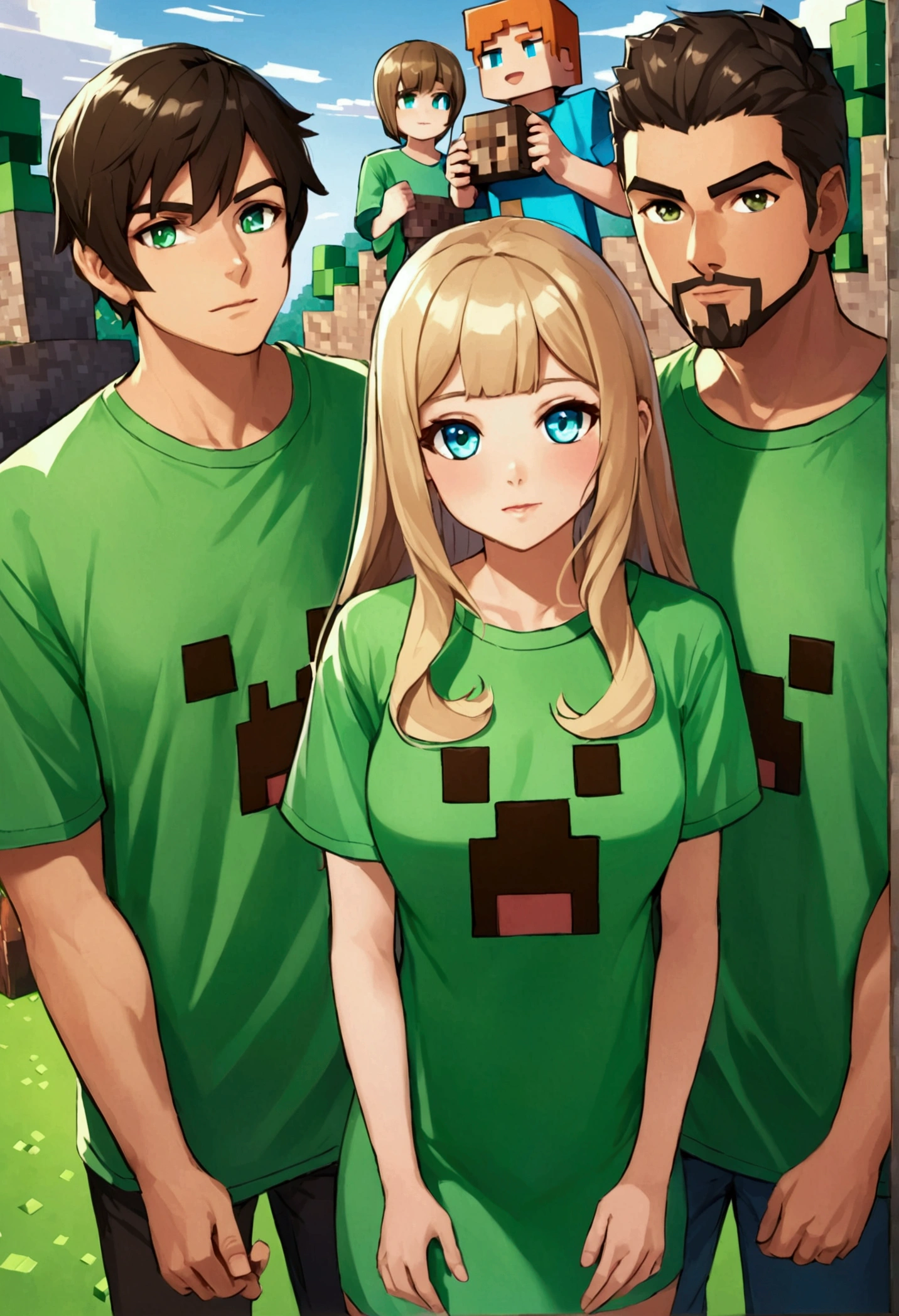 Three friends, A beautiful beautiful girl , 2 handsome boys, minecraft t-shirt dresses, looking at the viewer 