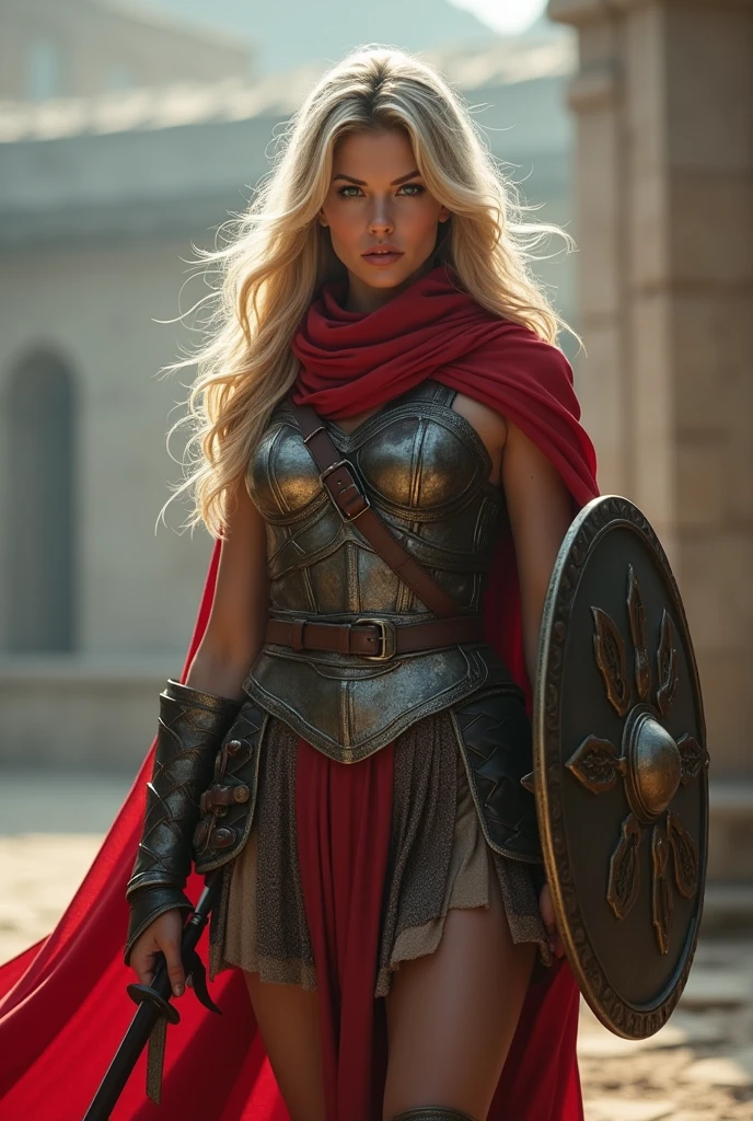 ((masterpiece, highest quality, Highest image quality, High resolution, photorealistic, Raw photo, 8K)), ((Extremely detailed CG unified 8k wallpaper)), (huge stunning goddess shot, very hot and sexy, jaw-dropping beauty, perfect proportions, beautiful body, slim body beauty:1.4), arafed woman in armor holding a sword and shield, portrait of a barbarian female, north female warrior, a very beautiful berserker woman, north adult female warrior, female barbarian, female warrior, portrait of a barbarian woman, barbarian warrior woman, very beautiful female barbarian, barbarian class, portrait of a woman warrior, rpg portrait concept art, (beautiful warrior, holding short sword and small shield, Wearing a red scarf, leather armor), (blonde hair, blue eyes, dark skin), (amphitheatre, Fighting while being watched by the crowd, motion blur), movie poster, large "INFINITY" written at bottom of screen,