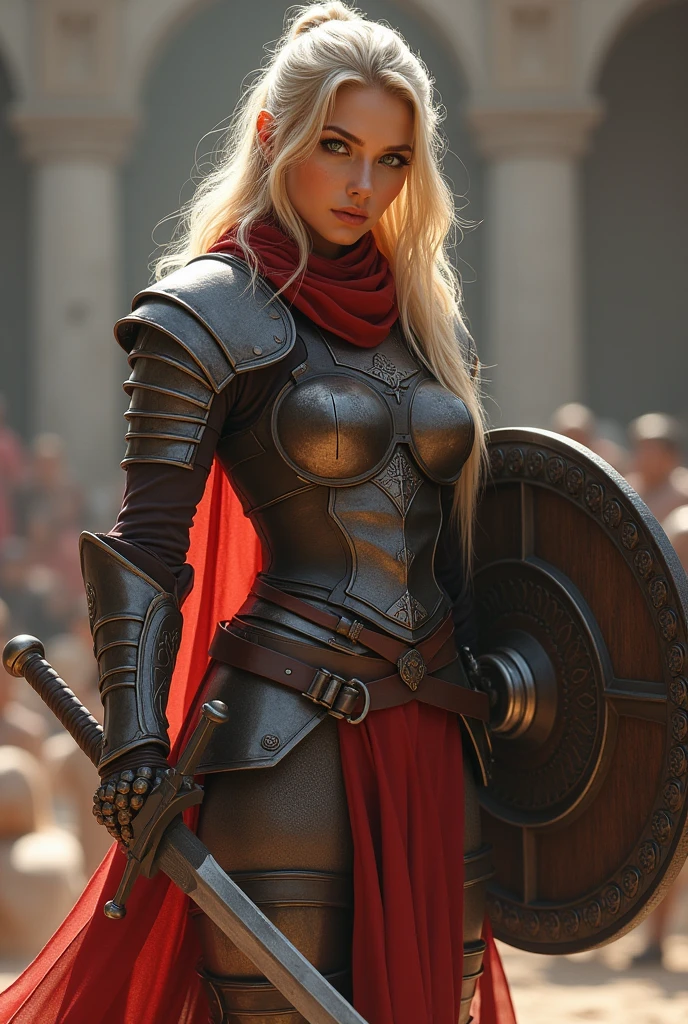 ((masterpiece, highest quality, Highest image quality, High resolution, photorealistic, Raw photo, 8K)), ((Extremely detailed CG unified 8k wallpaper)), (huge stunning goddess shot, very hot and sexy, jaw-dropping beauty, perfect proportions, beautiful body, slim body beauty:1.4), arafed woman in armor holding a sword and shield, portrait of a barbarian female, north female warrior, a very beautiful berserker woman, north adult female warrior, female barbarian, female warrior, portrait of a barbarian woman, barbarian warrior woman, very beautiful female barbarian, barbarian class, portrait of a woman warrior, rpg portrait concept art, (beautiful warrior, holding short sword and small shield, Wearing a red scarf, leather armor), (blonde hair, blue eyes, dark skin), (amphitheatre, Fighting while being watched by the crowd, motion blur), movie poster, large "INFINITY" written at bottom of screen,
