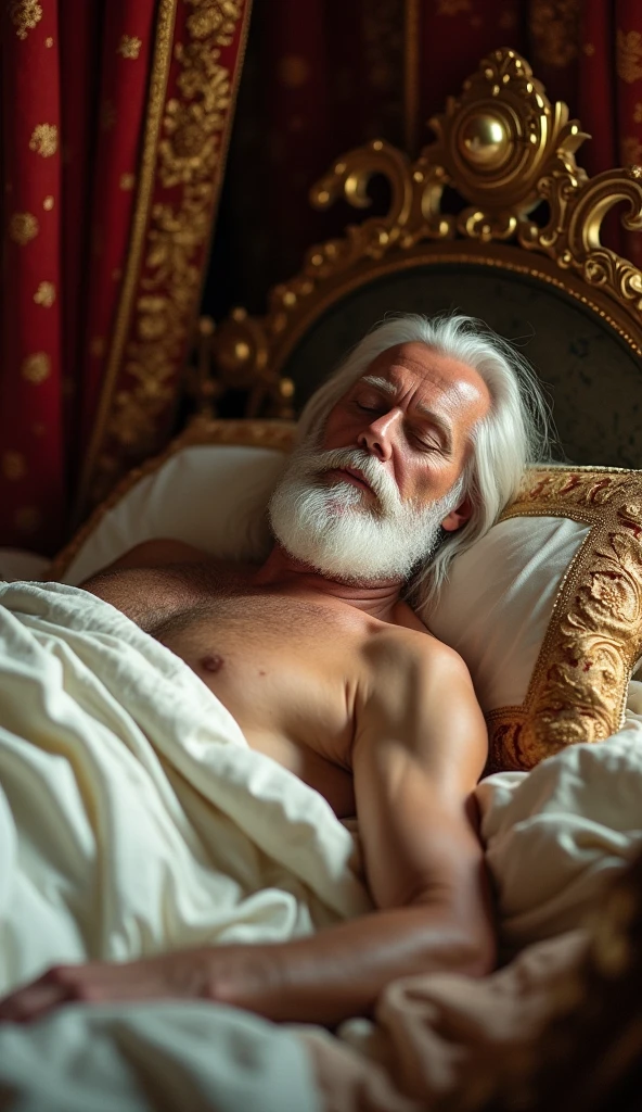 illustrates a 50 year old king bare-chested sleeping in bed (long white hair, a not too thick beard and a white blanket)