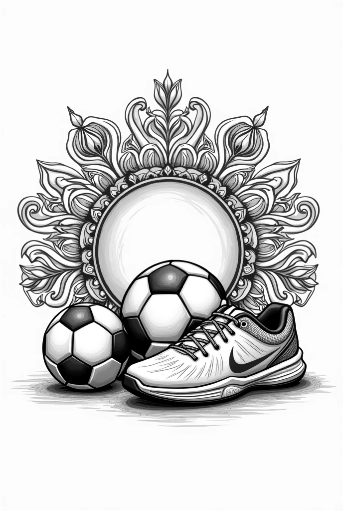 Soccer ball and soccer shoes、Mandala art with a soccer goal motif. No color, just line art.