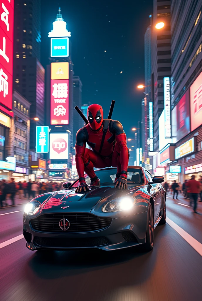 (photorealism:1.2), deadpool is on top the car ducking and holding at the civic rooftop, thecar run so fastly, at nights so many colored streetlights, at the cowded city