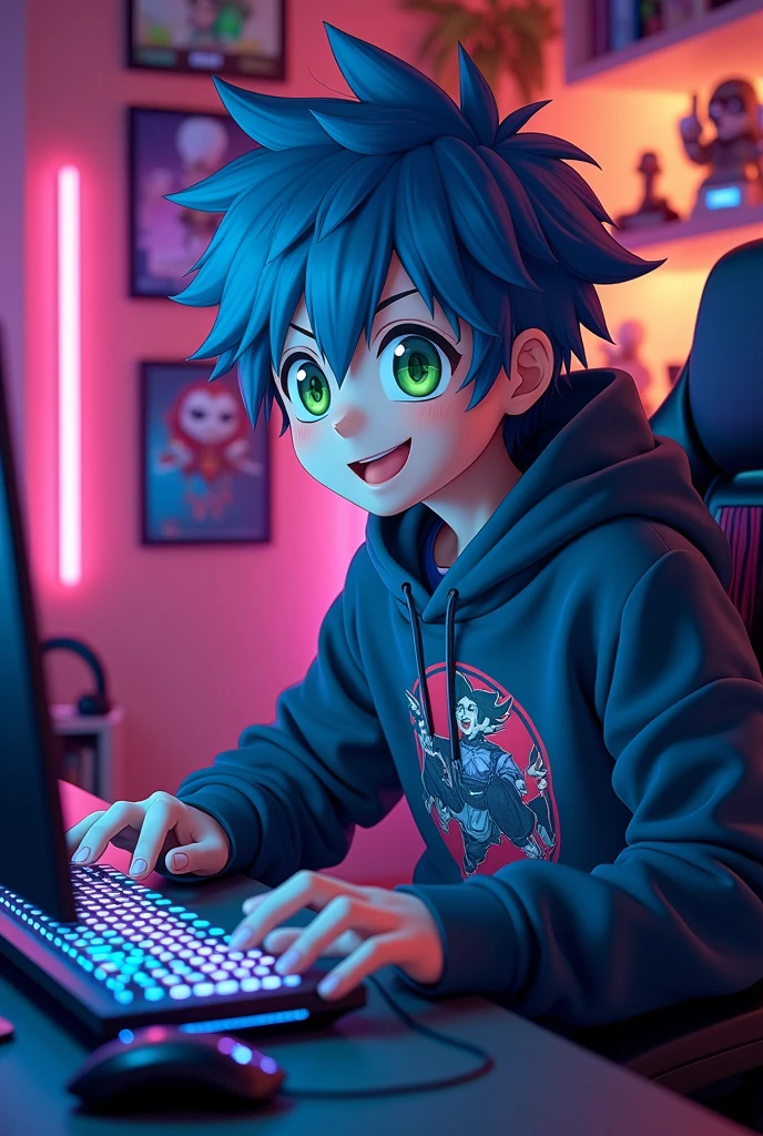  anime young man gamer front of computer gaming room and smile face