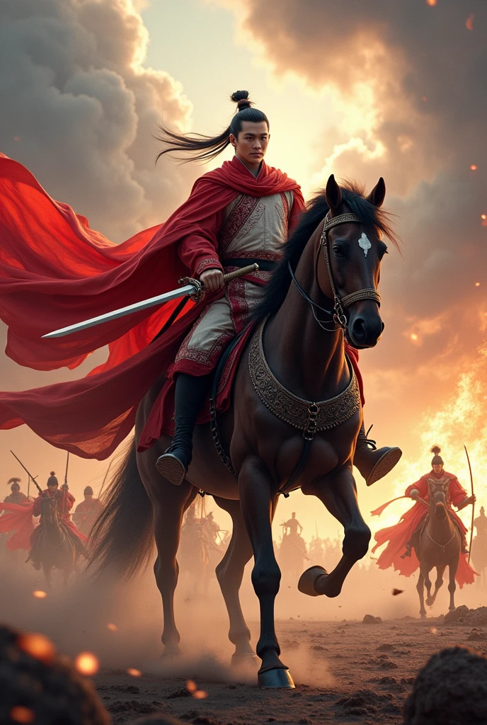 Best quality, Masterpiece, Ultra-high resolution, (photograph realistic:1.4), Dream-like,fusionart, A man holds a sword, Handsome Asian face Twenty-seven years old, Draw Lü Bu riding a horse, holding a halberd, with his cloak billowing and the horse lifting its front two legs. Set against the backdrop of the Three Kingdoms battlefield,