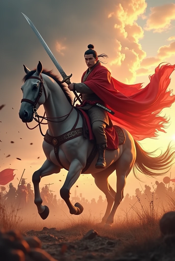 Best quality, Masterpiece, Ultra-high resolution, (photograph realistic:1.4),  Dream-like,fusionart, A man holds a sword, Handsome Asian face Twenty-seven years old, Draw Lü Bu riding a horse, holding a halberd, with his cloak billowing and the horse lifting its front two legs. Set against the backdrop of the Three Kingdoms battlefield,