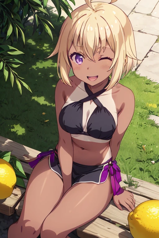 score_9, score_8_up, score_7_up, score_6_up, score_9, score_8_up, score_8, source_anime, rating,aesthetic,2020s\(style\), cinematic lighting, soft light, soft shadow, ,lemon yakishio, short hair, black hair, hair between eyes, ahoge, lemon hair ornament, purple eyes, dark skin, tanline, smiling, opened mouth, criss-cross halter, hands between legs, wind, one eye closed, 

