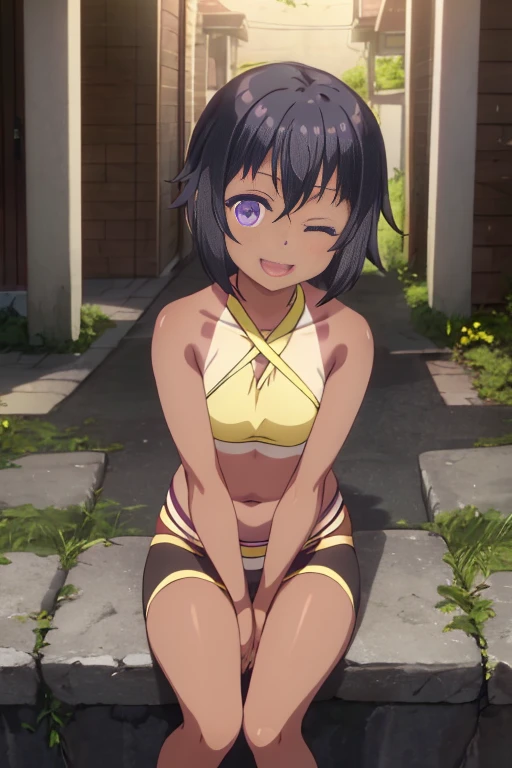 score_9, score_8_up, score_7_up, score_6_up, score_9, score_8_up, score_8, source_anime, rating,aesthetic,2020s\(style\), cinematic lighting, soft light, soft shadow, ,lemon yakishio, short hair, black hair, hair between eyes, ahoge, lemon hair ornament, purple eyes, dark skin, tanline, smiling, opened mouth, criss-cross halter, hands between legs, wind, one eye closed,