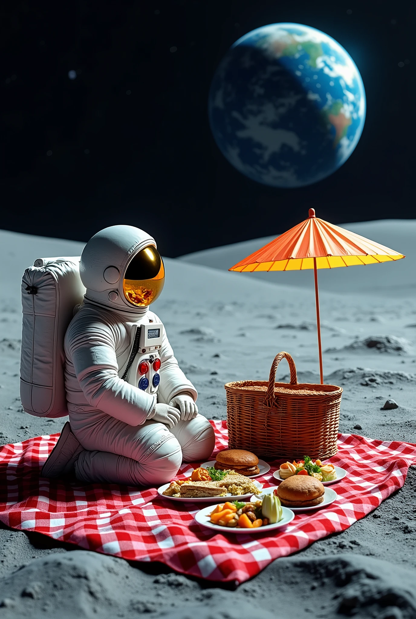 An astronaut sits on a picnic blanket spread out on the lunar surface, surrounded by plates with food, a classic picnic basket, and a colorful umbrella that offers shade, while the Earth shines in the lunar sky