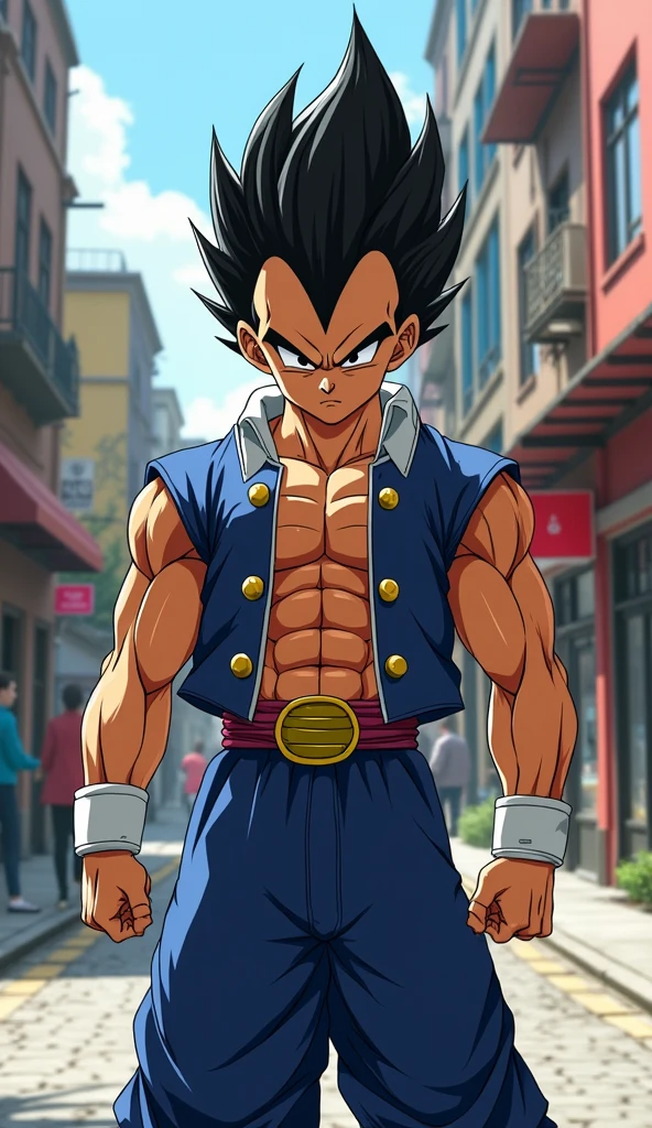 Vegeta, Dragon Ball Z, wearing a modern outfit, looking proud, 8k quality, very detailed, awesome pose, streets background, realistic, half body shot, black saiyan hair