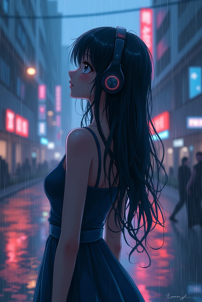 Anime girl in rain with headphones long black hair brown girl curvy side view alone