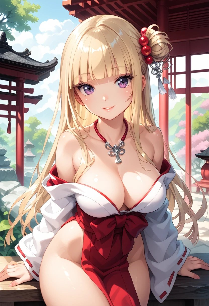 Beautiful illustrations, (Natural Side Lighting, Cinema Lighting), Looking at the audience, Upper Body, (Front view), 1 person, Perfect Face, Glowing Skin, Baby Face, Long eyelashes, (Large ), (Wide Hips),Beautiful Hair, Beautiful Face, Fine and beautiful eyes, Beautiful body, Beautiful breastsiful thighs, Beautiful legs, Beautiful fingers,(Beautiful views),(Cute Smile:1.2, Upper Eye),beautiful girl,Perfect body line,(Blonde:1.5),(Brown Skin:0.5),(Plump:0.7),(Hime cut:1.2),A fantastic atmosphere, Calm palette, Calm mood, Soft Shading, Shrine maiden, incantation, Amulet Familiar, Shrine maidenの務め,(Clothes that fit snugly around the chest:1.2),(Side bust:1.2),