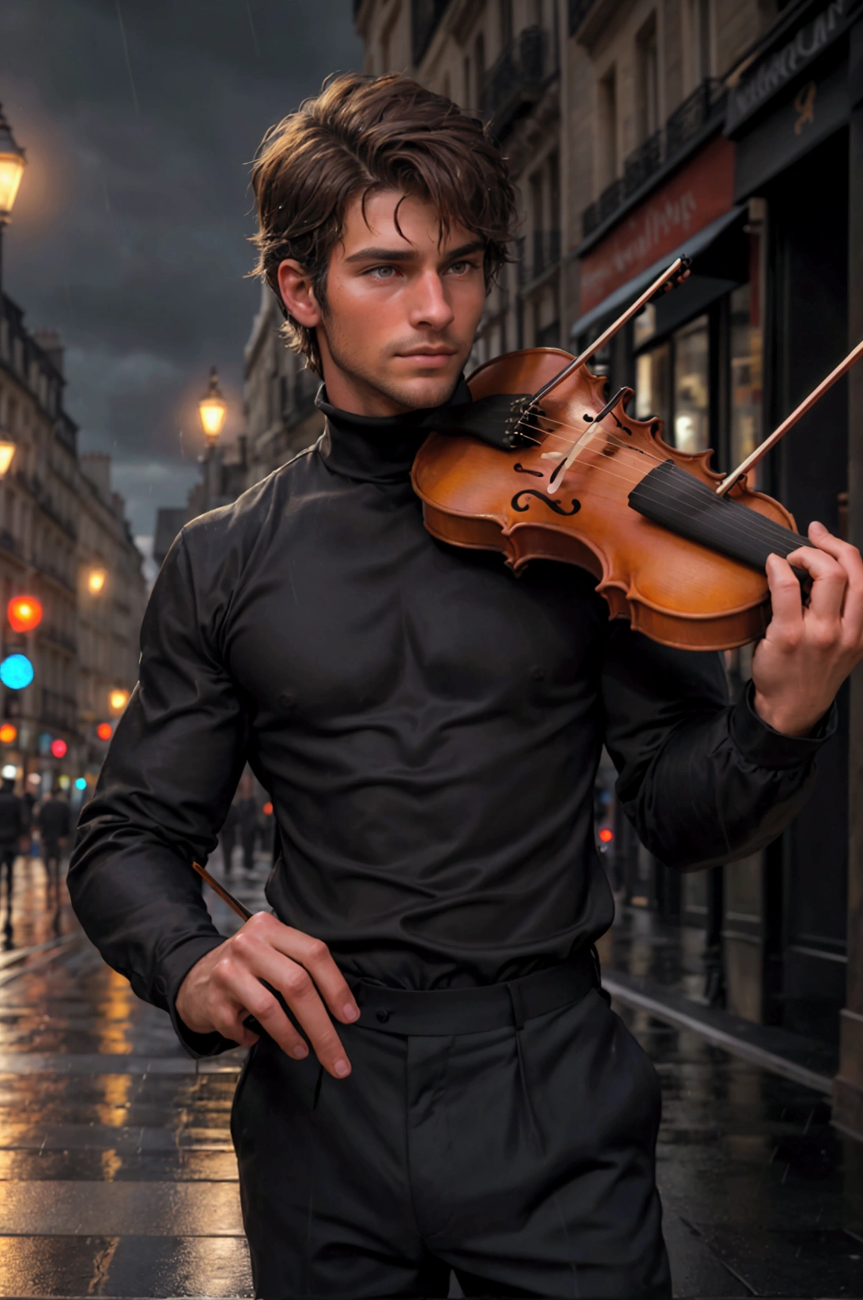 Top Quality, Masterpiece, Ultra High Resolution, close-up photo of a handsome man on the street, playing violin on the night with pour rain, intricate detailes, has short, messy dark brown hair, amber-colored eyes, typical clothing like a street busker in Paris, France; wear black turtleneck shirt.