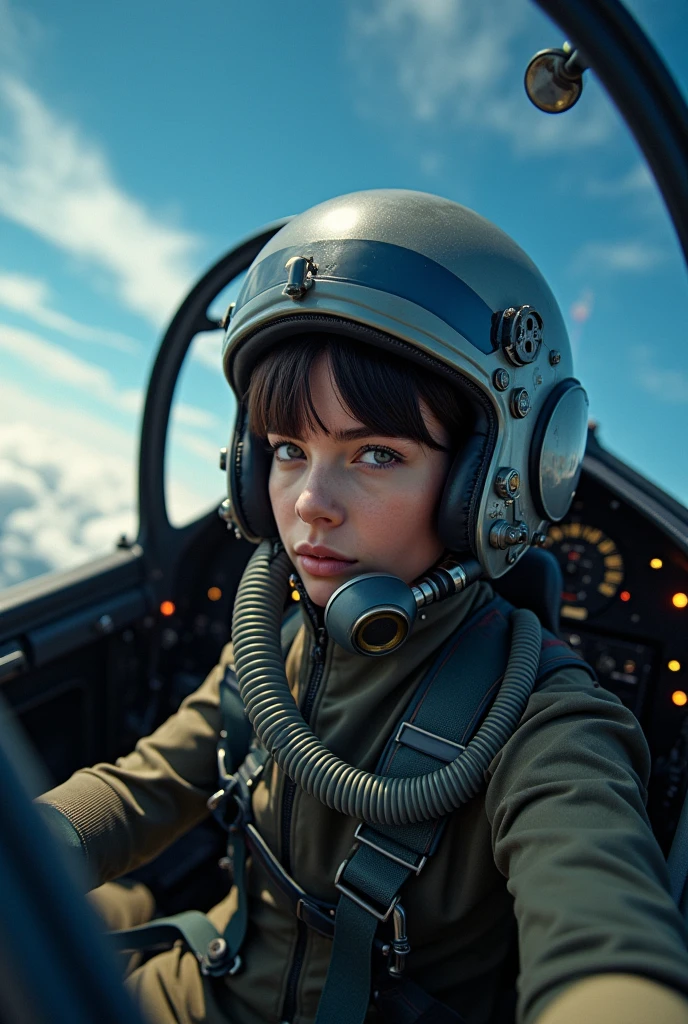 A girl wearing a fighter pilot suit, a fighter helmet, and a fighter oxygen mask that looks like it has a hose attached to it is riding in a fighter plane.