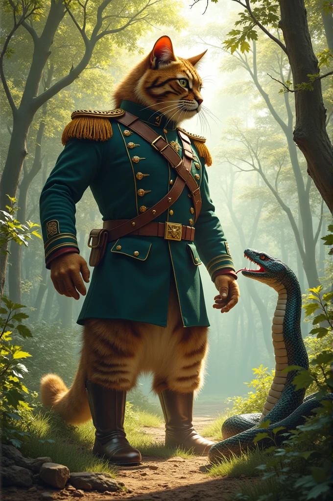 big giant cat in uniform. He has a belt around his waist, beautiful boots on your feet. At that moment, a large, giant, shiny snake emerged from it.. The cat killed the snake.