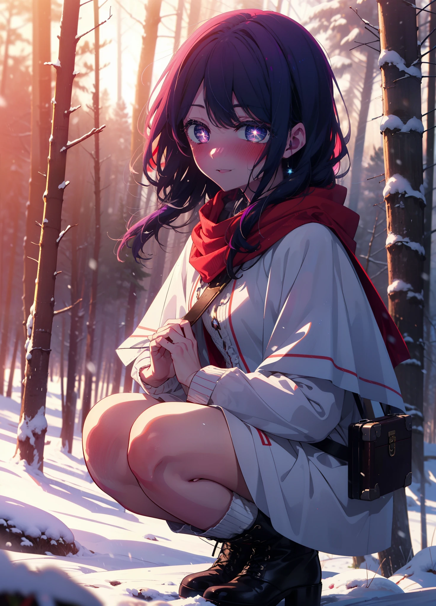 aihoshino, Ai Hoshino, Long Hair, bangs, (Purple eyes:1.1), Purple Hair, (Symbol-shaped pupil:1.5), smile,,smile,blush,white breath,
Open your mouth,snow,Ground bonfire, Outdoor, boots, snowing, From the side, wood, suitcase, Cape, Blurred, , forest, White handbag, nature, Squat, Mouth closed, Cape, winter, Written boundary depth, Black shoes, red Cape break looking at viewer, Upper Body, whole body, break Outdoor, forest, nature, break (masterpiece:1.2), Highest quality, High resolution, unity 8k wallpaper, (shape:0.8), (Beautiful and beautiful eyes:1.6), Highly detailed face, Perfect lighting, Highly detailed CG, (Perfect hands, Perfect Anatomy),