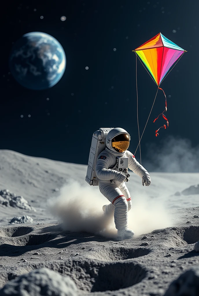 An astronaut running on the lunar surface while holding a rope, with a colorful kite flying high in the lunar sky, defying the laws of physics.
