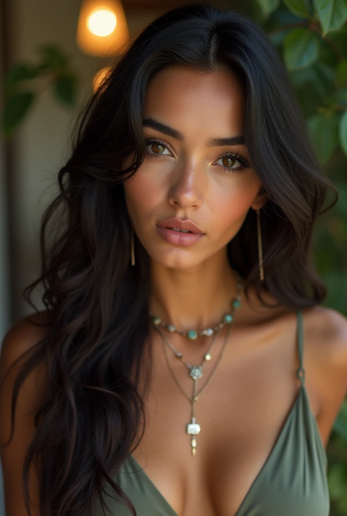 Model for instagram, a beautiful modern portrait of a 25-year-old ispanic woman with light skin and dark green eyes, reminiscent of a perfect model facing the camera. She has long, dark hair with a natural flow and a warm, inviting expression, sexy pose