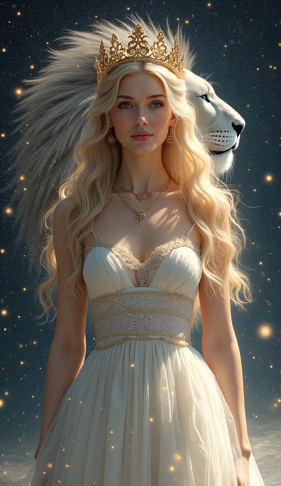 Beautiful blonde woman，Space Background，Leo，goddess，Holy white dress，A lion made of stars behind him，Surrounded by stars，crown