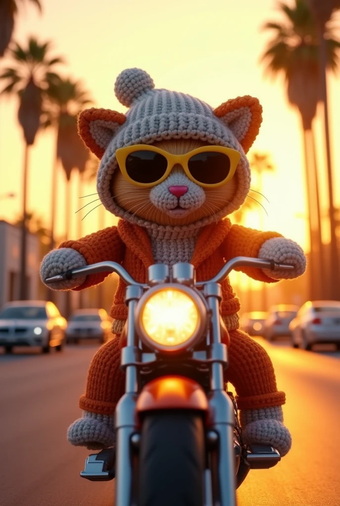 a closeup photorealistic photograph of a knitted cute cat made of crochet wearing stylish sunglasses and dressed in a beanie cap and riding on a motorcycle in Hollywood at sundown. Palm trees in the background. This 4K HD image is Trending on Artstation, featured on Behance, well-rendered, extra crisp, features intricate detail and the style of Unreal Engine.