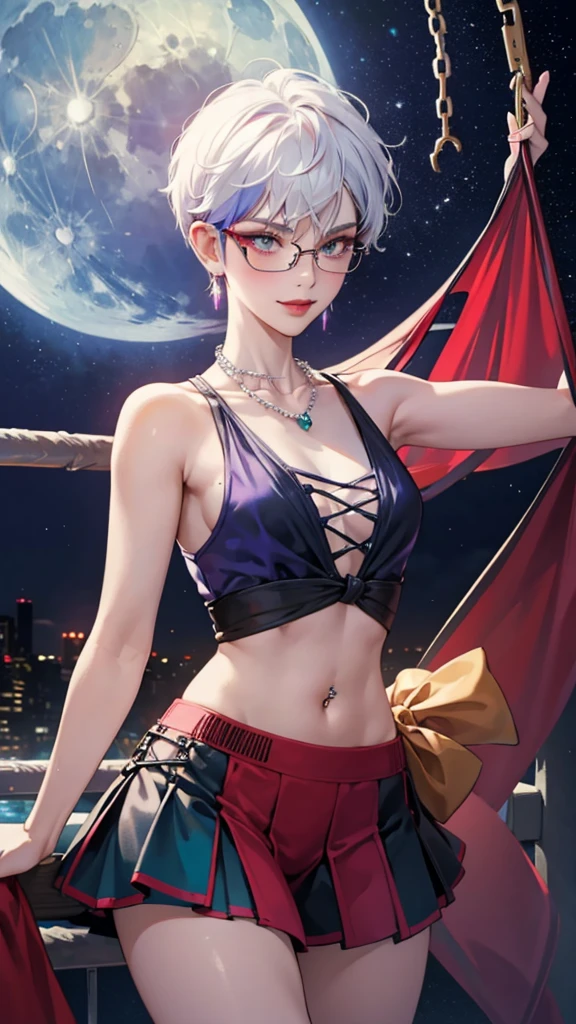 8k, masterpiece, best quality, highly detailed, 1 girl, tiefling, boxer, pixie cut, multicolored hair, very short straight hair red highlight hair on white hair, strippled hair, wearing glasses, round glasses, earrings, navel piercing, red eyeshadow, long eyelashes, blushed cheek, red lips, pearl necklace, rings, collarbone, mole on face, glamorous, teal and purple clothes, sleeveless, miniskirt, smirk, close up view, rings, looking at viewer, demon horns, solo, starry sky, plae blue moon, standing, boxing stance, scaled arms, chains on the background.