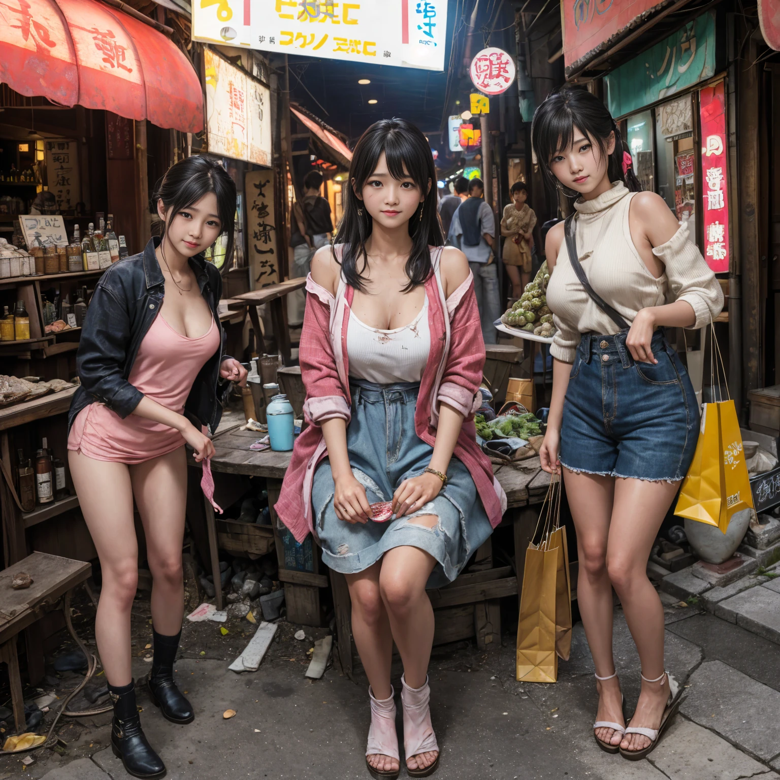 ((masterpiece、Highest quality))、Beautiful girls gather.、Three girls in summer clothes、clothes、(Showa Retro:1.2)、(Detailed and cute face:1.3)、(Poor conditions、Japan's poor neighborhoods、Dim and unsanitary、Standing Bar、みんなで楽しくdiet、Crumbling shopping mall)、屋台のdiet店、stage、sewage、Dirty shop、street vendors、Unsanitary and abandoned city、smile、diet、Poor person々