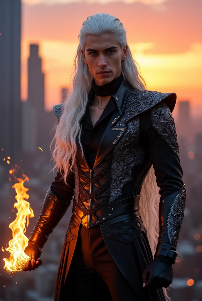 A modern superhero looks like Rhaegar Targaryen. He has black superhero outft with large hood and decorations with a dragon motif. He has very long white hair and violet indygo eyes. He has clear face with no facial hair or wrikles. He looks strong, young and helthy. He's trickster type with smirk smile. He has fire power wields in one hand.